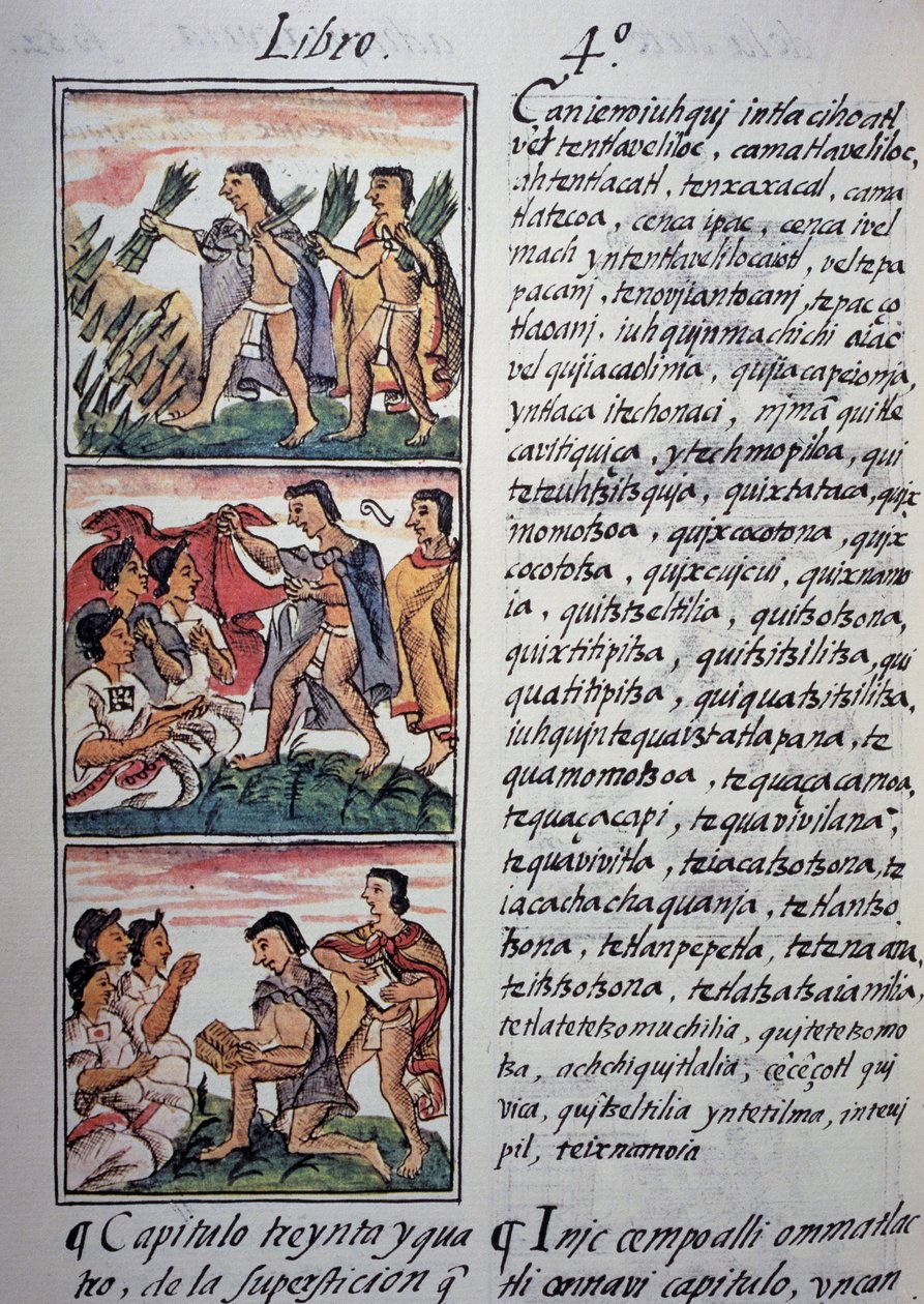 Wierzenia i przesądy, Księga IV kodeksu florenckiego, wersja dwujęzyczna w języku hiszpańskim i nahuatl, historia ogólna rzeczy nowej Hiszpanii, cywilizacja aztecka autorstwa Georg Carl Heinrich Dollmann