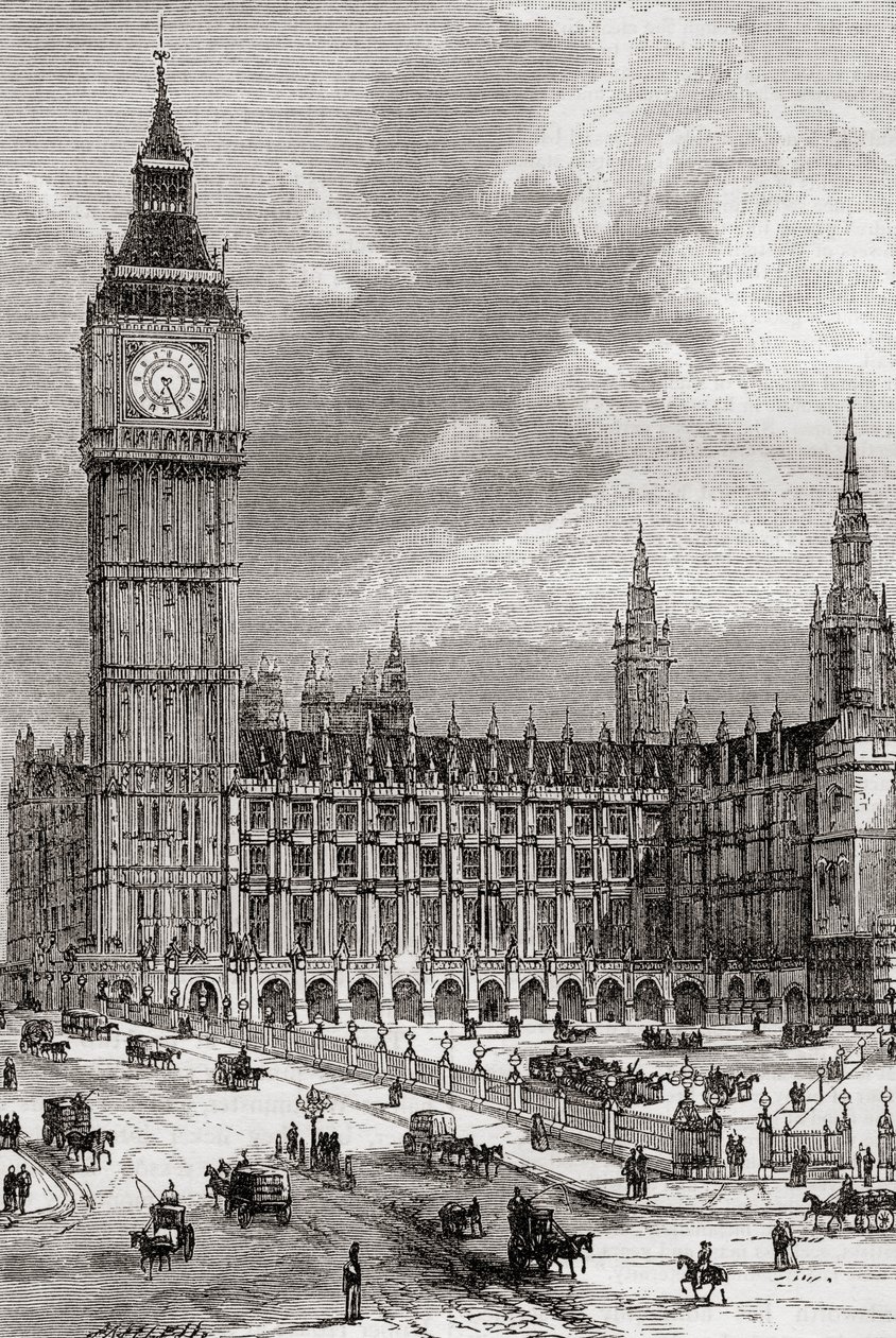 Big Ben i Houses of Parliament, Londyn, Anglia, widziany tutaj w XIX wieku. autorstwa . .