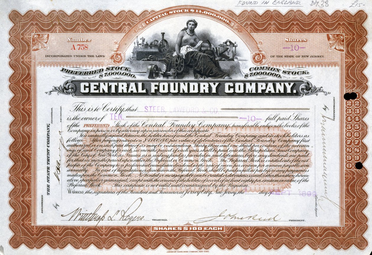 Certyfikat udziałowy Central Foundry, Brazylia autorstwa Frederick (attr. to) Barnard