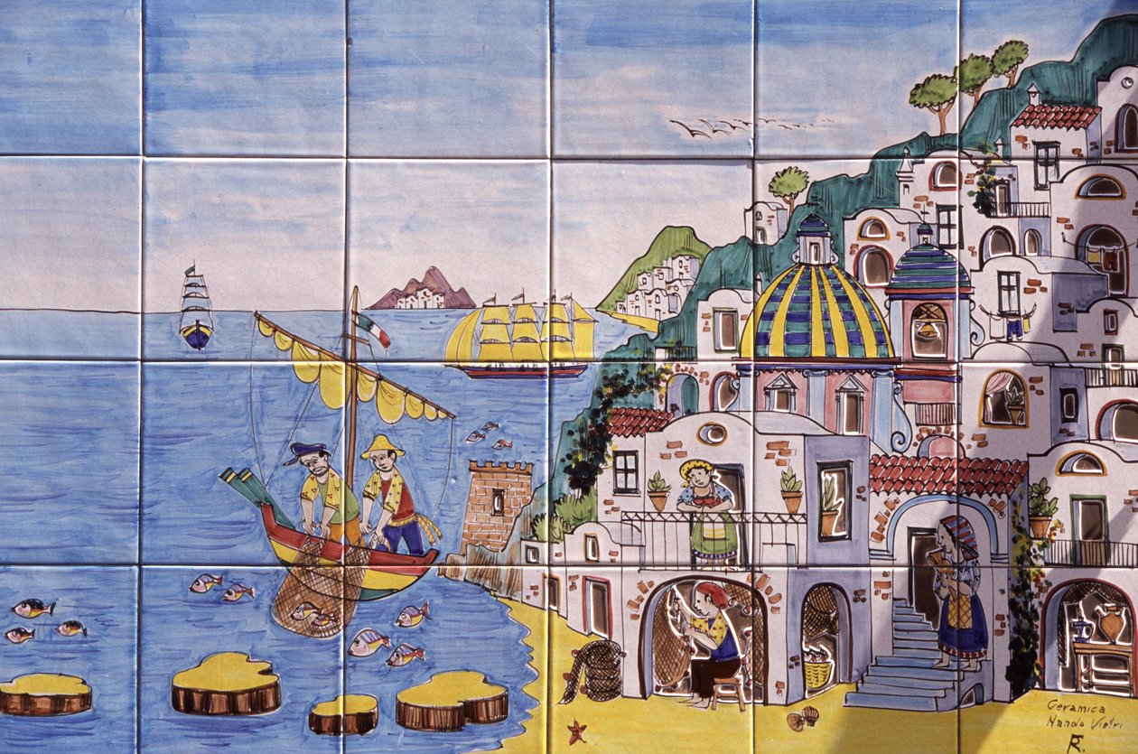 Płytki malowane ceramiką, Positano, Wybrzeże Amalfi, Kampania, Włochy autorstwa John Pardon