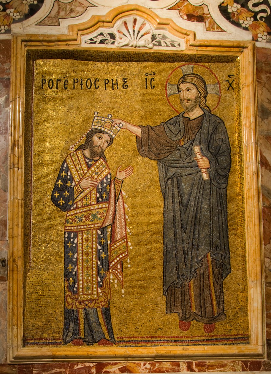 Chiesa di Santa Maria dell ‘Ammiraglio, mozaika wewnętrzna przedstawiająca króla Rogera II otrzymującego od Chrystusa koronę Sycylii, Piazza Bellini, Palermo, Sycylia, Włochy (zdjęcie) autorstwa . .