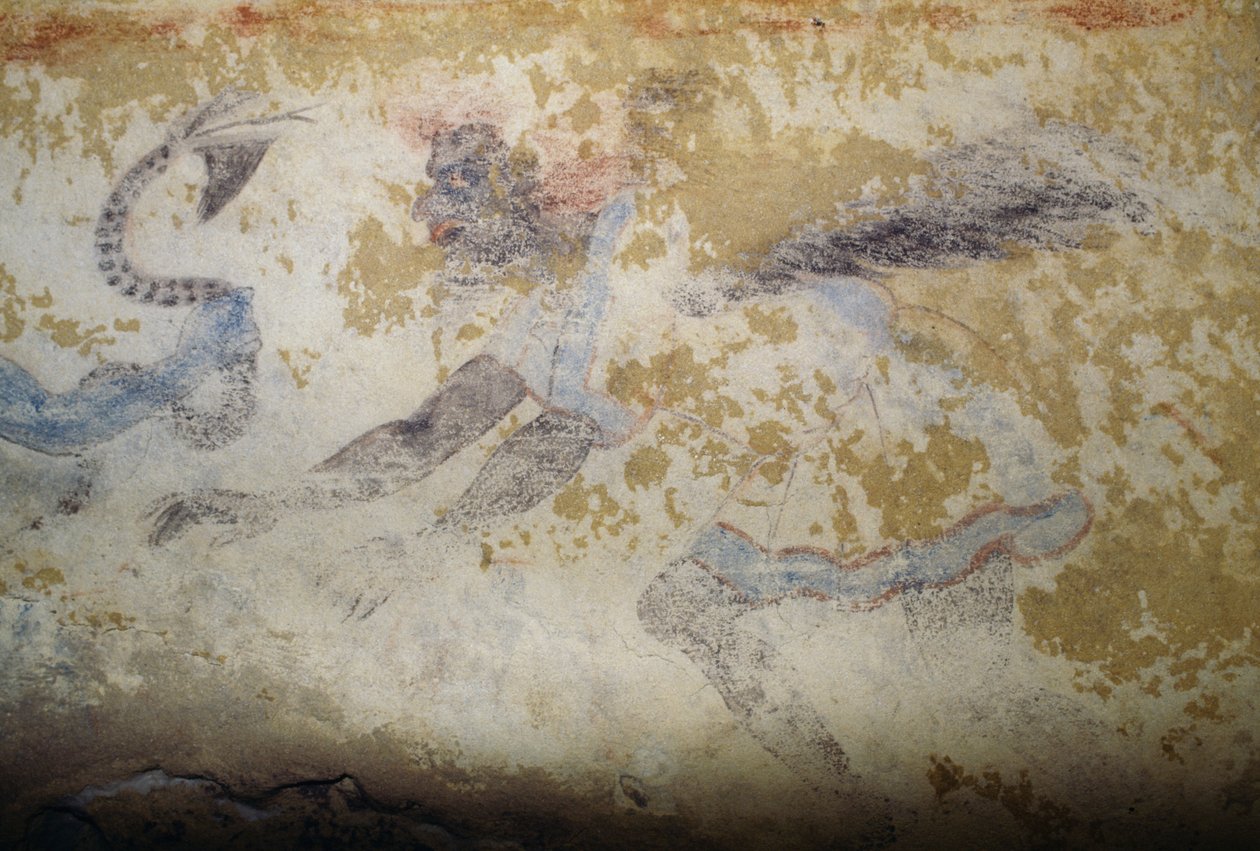 Demon, fresk, Grób Niebieskich Demonów, Nekropolia Tarquinia (Lista Światowego Dziedzictwa UNESCO, 2004), Lacjum, Włochy, Cywilizacja Etrusków, V wiek p.n.e. (zdjęcie) autorstwa Georg Carl Heinrich Dollmann