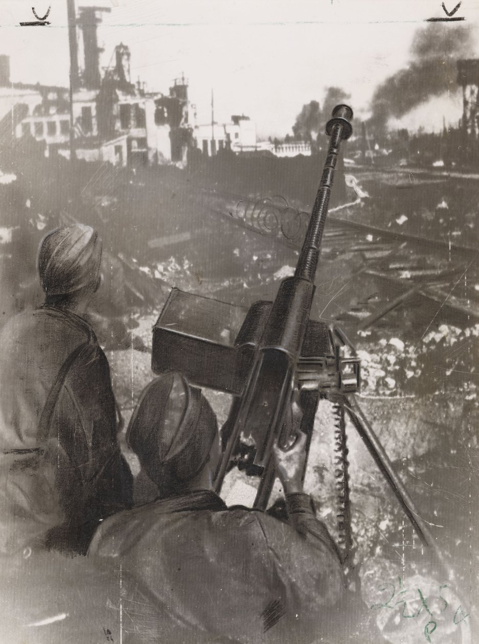 II wojna światowa (1939-1945): Dwóch rosyjskich artylerzystów przeciwpancernych broniących fabryki w pobliżu torów kolejowych podczas bitwy o Stalingrad (Rosja) w 1942 r. autorstwa Frederick (attr. to) Barnard
