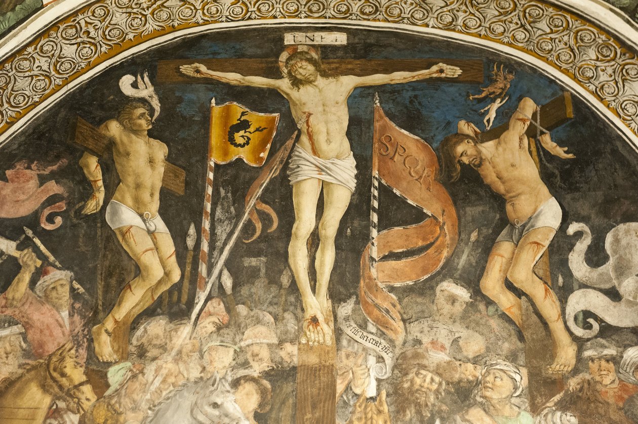 Słynna grupa ukrzyżowania Hansa Clemera, fresk w chórze, kościół parafialny Chiesa Parrocchiale, elva, prowincja Cuneo, Piemont, włochy, europa autorstwa Ferdinand Georg Waldmuller