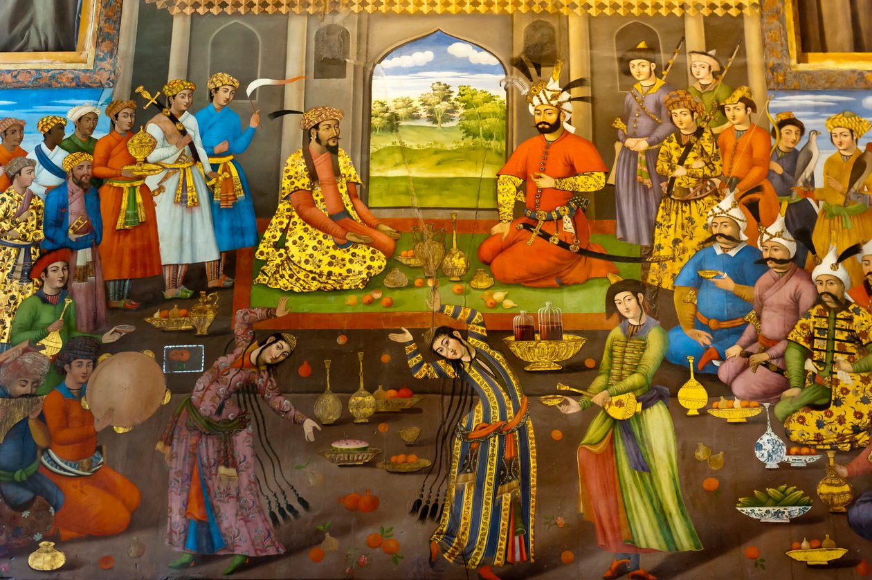 Fresk; bankiet z tancerkami; Shah Tahmasp przyjmuje indyjskiego cesarza Mogołów Homayun; 1544; Chehel Sotoun; Pałac Czterdziestu Filarów; Isfahan; Iran; Azja autorstwa Frederick (attr. to) Barnard
