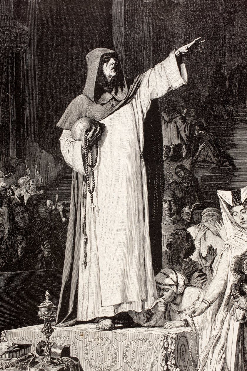 Girolamo Savonarola (1452  1498), włoski dominikanin głoszący kazania przeciwko niemoralności i luksusowi, który kusi grzech, według pracy De Langemantelsa, z „El Mundo Ilustrado”, wydanej w Barcelonie, około 1880 r. autorstwa Ferdinand Georg Waldmuller