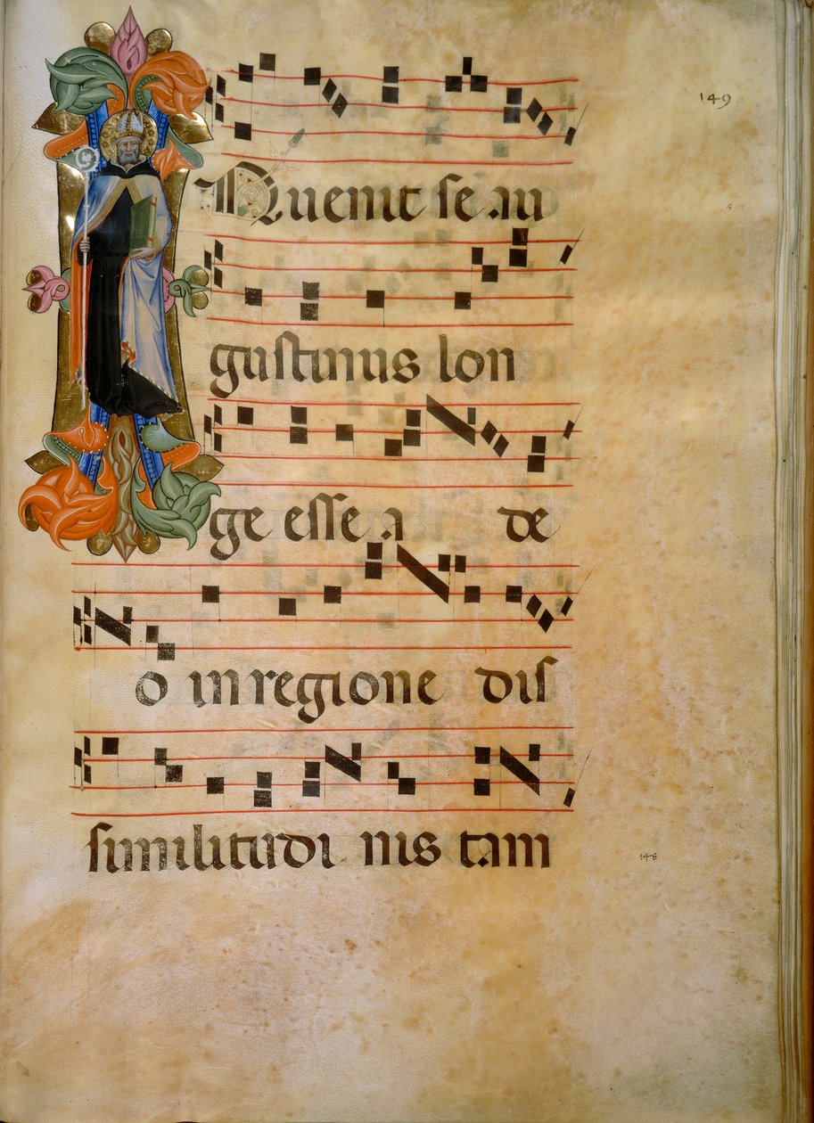 Iluminowany inicjał z postacią św. Augustyna (Corale 19, ok. 149), dzieło Silvestro dei Gherarducci do księgi chóralnej 19 Santa Maria degli Angeli przechowywanej w Biblioteca Medice-Laurenziana we Florencji autorstwa Henry Charles Fehr