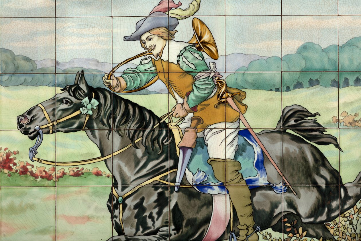 Widok wnętrza, panel kafelkowy, malarz Furcy Ernest Tondeur, egzekutor Boch Frères La Louvière, drugi panel przedstawia scenę polowania z galopującym jeźdźcem z rogiem myśliwskim autorstwa . .