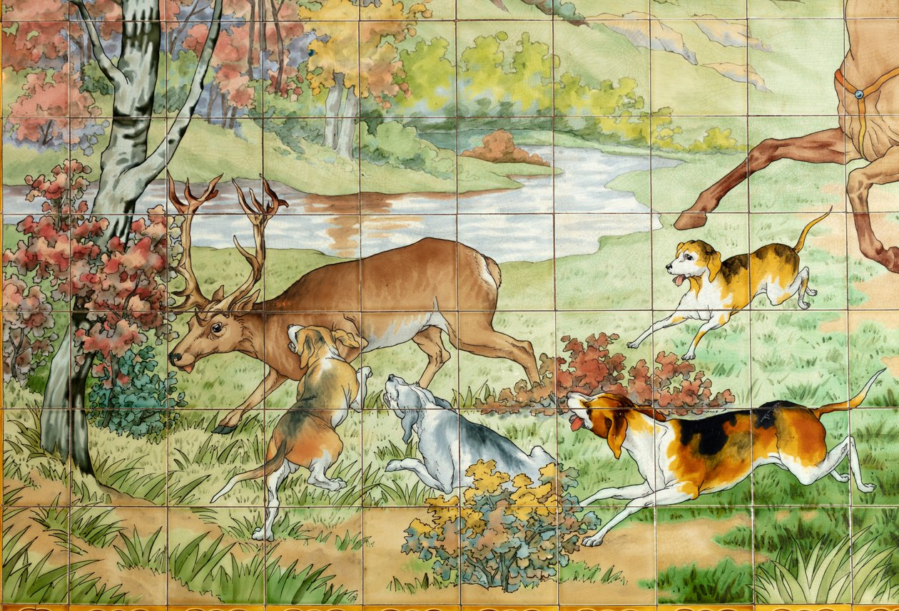 Widok wnętrza, panel kafelkowy, malarz Furcy Ernest Tondeur, egzekutor Boch Frères La Louvière, pierwszy panel, scena polowania z trzema jeźdźcami, detal autorstwa . .
