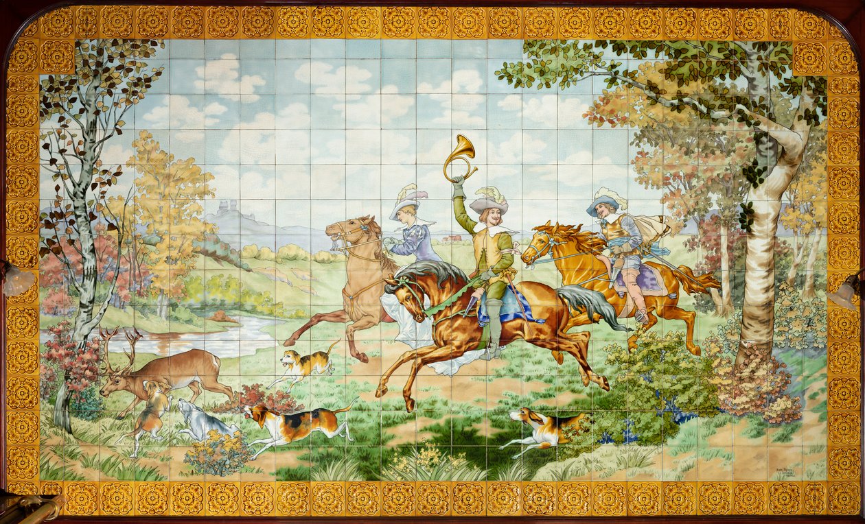 Widok wnętrza, kafelek, malarz Furcy Ernest Tondeur, egzekutor Boch Frères La Louvière, pierwszy panel, scena polowania z trzema jeźdźcami autorstwa . .