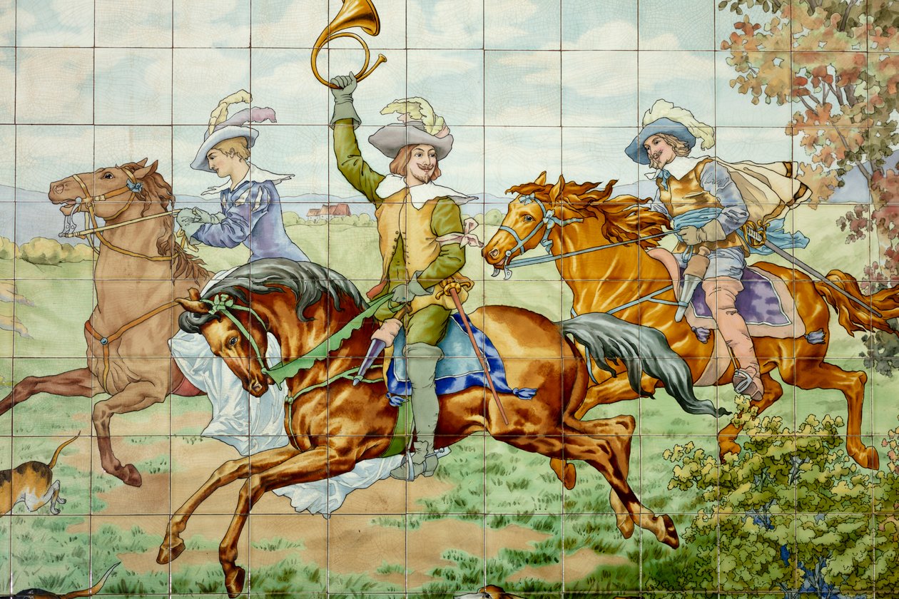 Widok wnętrza, panel kafelkowy, malarz Furcy Ernest Tondeur, egzekutor Boch Frères La Louvière, pierwszy panel, scena polowania z trzema jeźdźcami, detal autorstwa . .