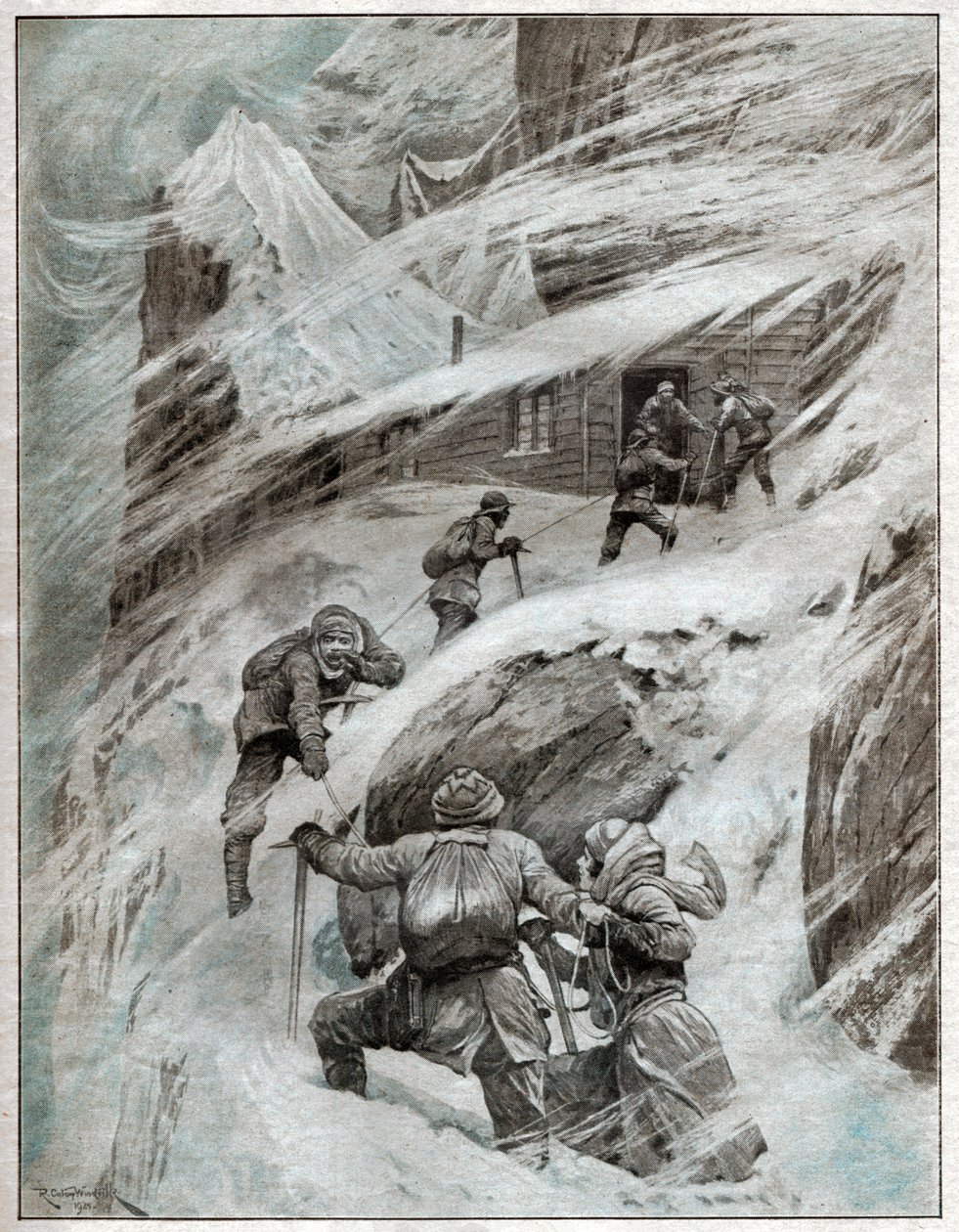 Włoscy turyści utknęli w burzy we włoskich Alpach. 1925 (ilustracja) autorstwa . .