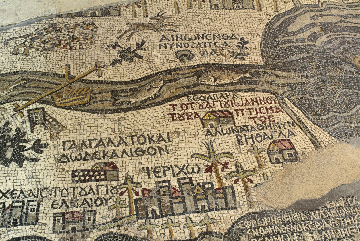 Jerycho i okolice, w tym rzeka Jordan i Morze Martwe, fragment mapy Ziemi Świętej, mozaika podłogowa, ok. 560 r., absyda bazyliki św. Jerzego, Madaba, Jordania, cywilizacja bizantyjska, VI w. n.e. autorstwa School Lebanese