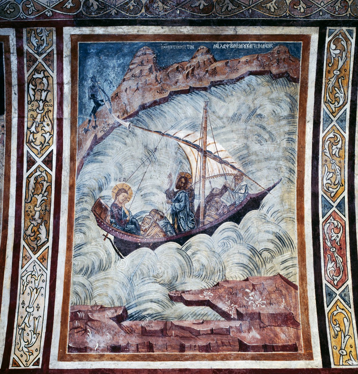 Jezus ucisza burzę, fresk na sklepieniu kościoła klasztoru Thari, wyspa Rodos, Grecja autorstwa Georg Carl Heinrich Dollmann