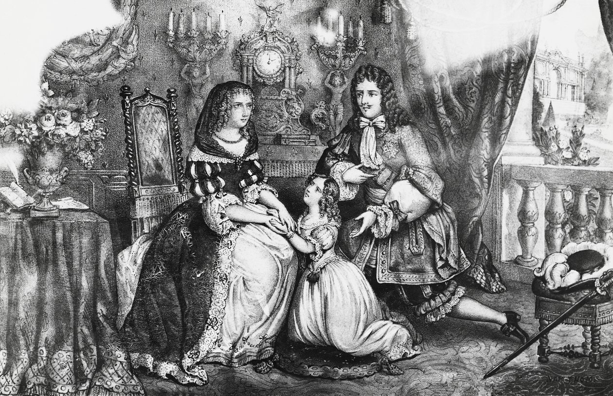 Król Ludwik XIV i jego córka błagają księżną Ludwikę de La Valliere, aby nie wycofywała się do klasztoru autorstwa Georg Carl Heinrich Dollmann