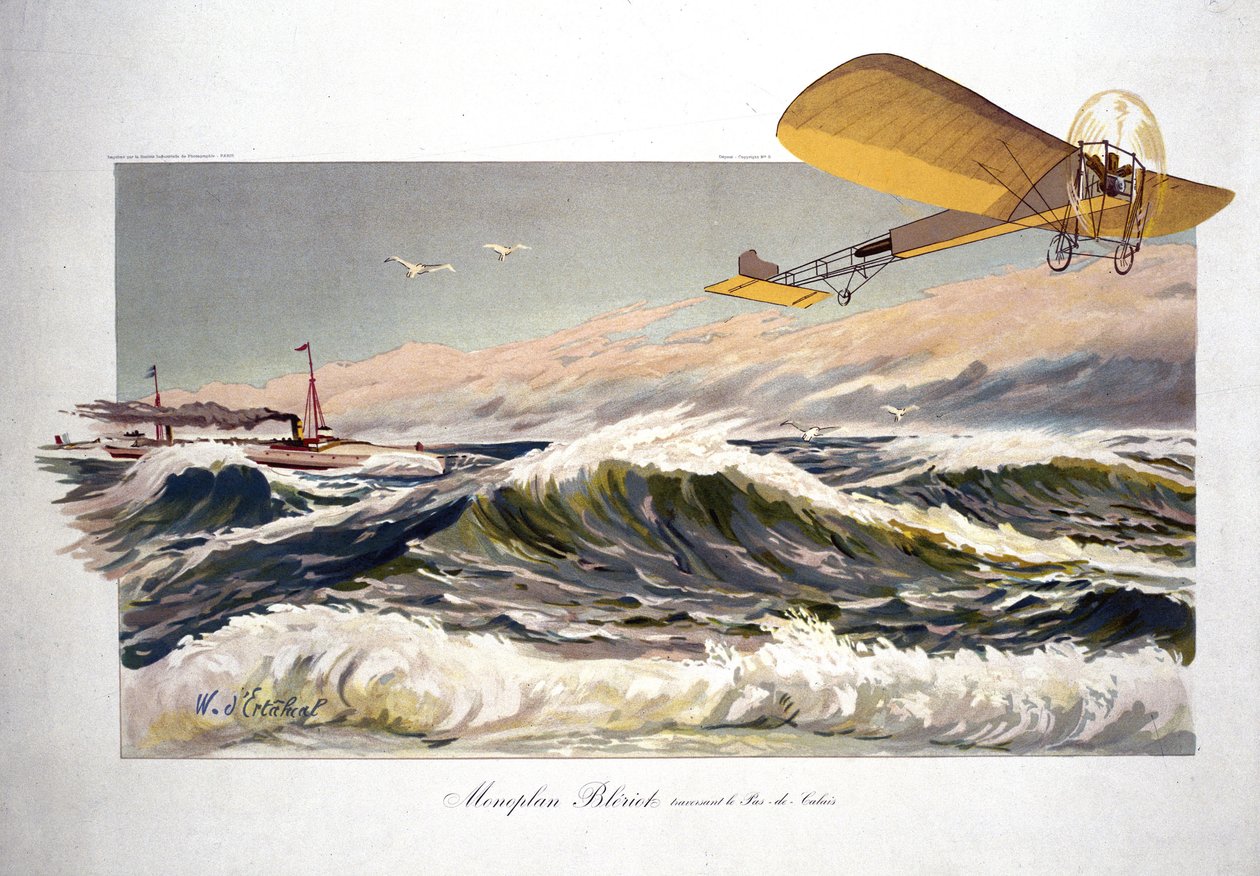 Louis Bleriot (1872-1936), francuski lotnik, przelatując przez kanał 25 lipca 1909 na pokładzie swojego jednopłatowca „Bleriot XI” autorstwa Ferdinand Georg Waldmuller