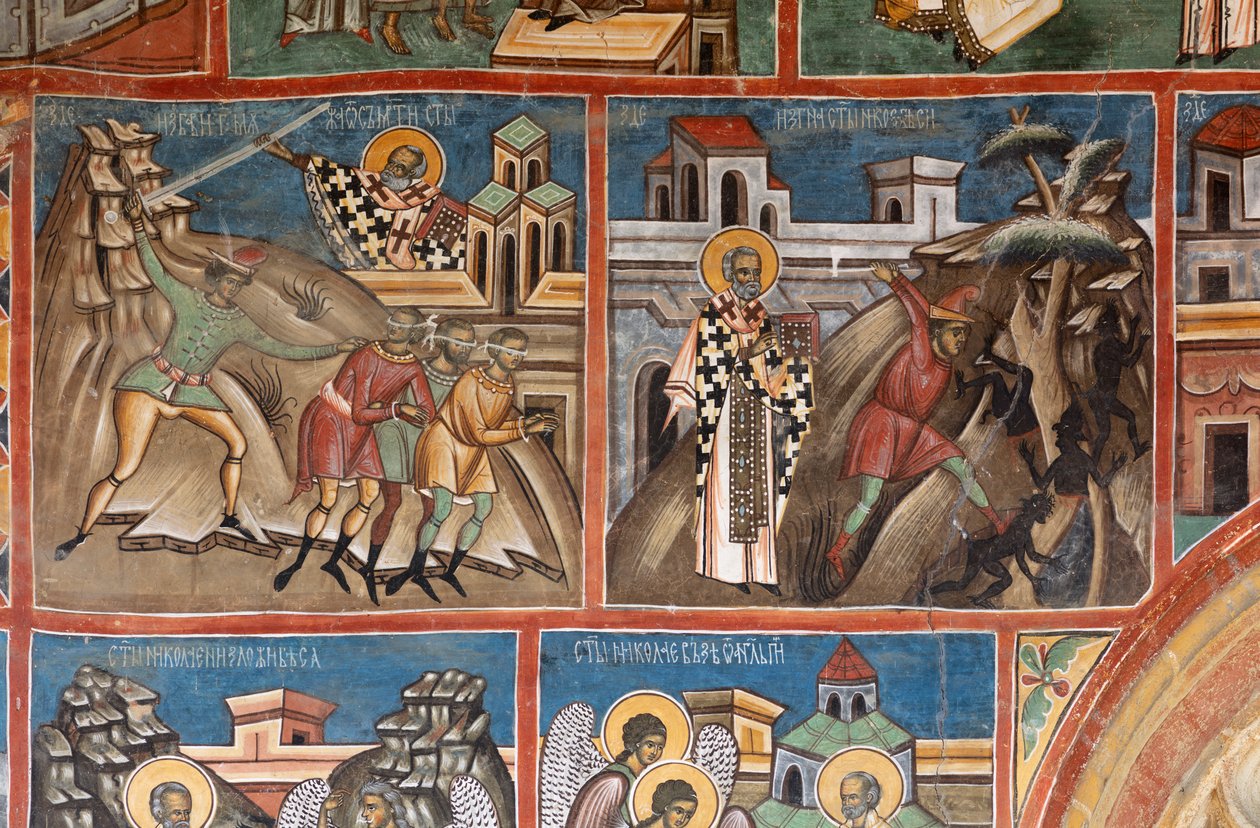 Klasztor (manastirea Voronet). Kościół. Zewnętrzny. Malowidła ścienne. Strona południowa, lewa część. autorstwa . .