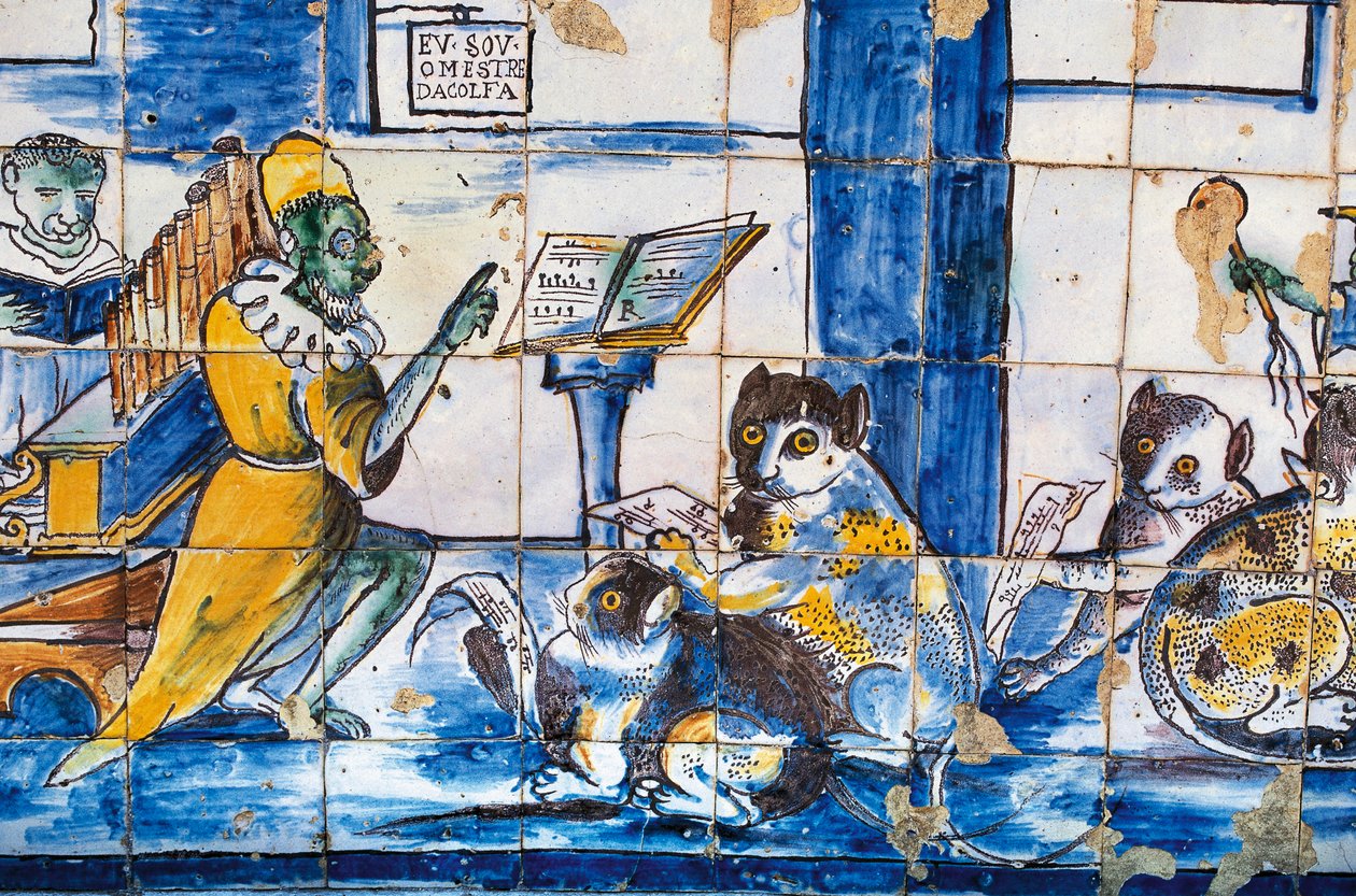 Lekcja muzyki, z antropomorficznymi kotami i myszami, płytki azulejos, ogrody Pałacu markiza de Fronteira autorstwa William Walcutt