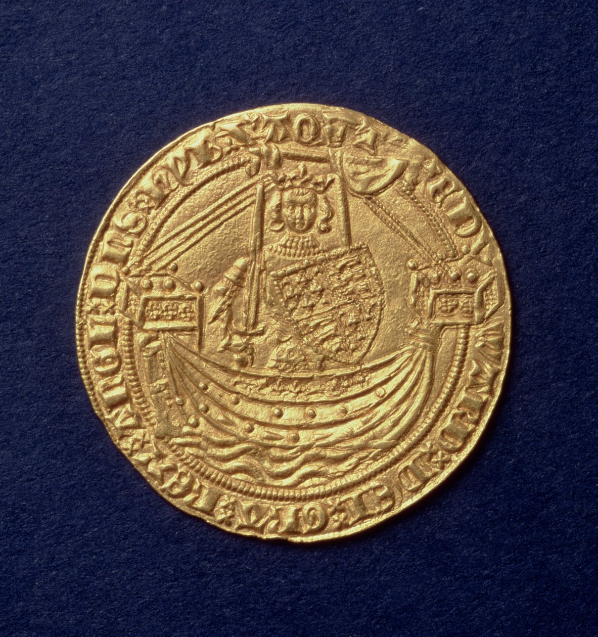 Noble of Edward III (1312-77) awers przedstawiający króla na statku, intro mennica Calais. 1344 (złoty) (rewers patrz: 110161) autorstwa Hippolyte Lalaise Devéria