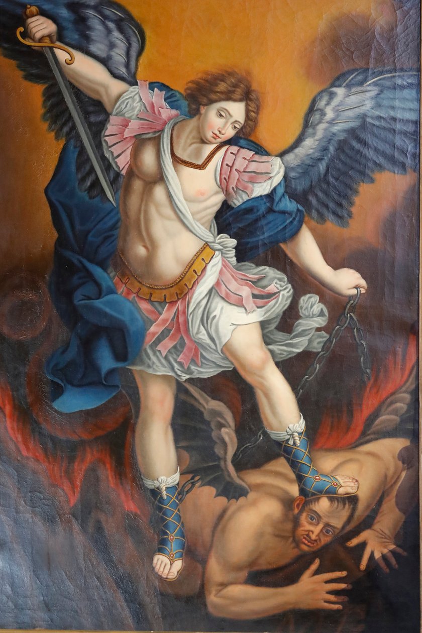 Kościół Matki Bożej Wniebowzięcia Kordonu. Archanioł zabija szatana jako smoka. Obraz. Francja. Francja. autorstwa . .