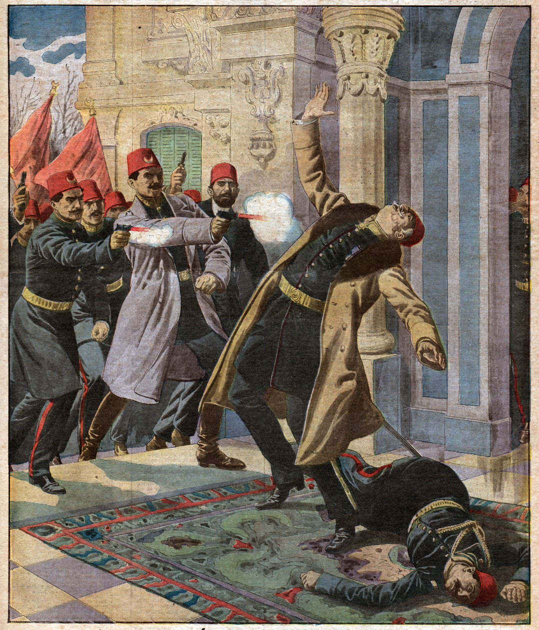 Osmański zamach stanu: Enver Pasza i CUP najeżdżają Pałac Cesarski i zabijają ministra Nazina Paszy, 9 lutego 1913 autorstwa Ferdinand Georg Waldmuller