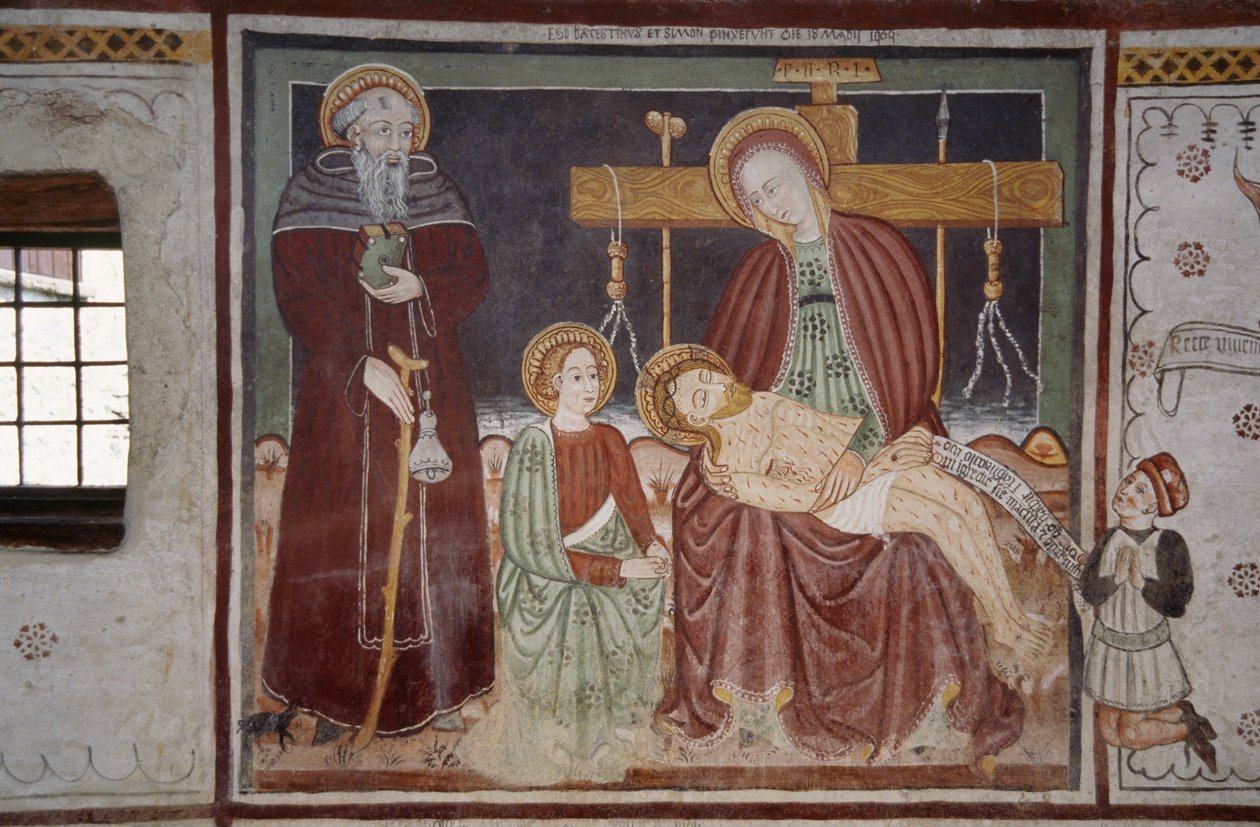 Pieta ze św. Bernardem i klientem, fresk (XV w.), Dom Dzikiego Człowieka (Uomo Selvatico), Sacco, Cosio Valtellina, Lombardia, Włochy autorstwa Georg Carl Heinrich Dollmann