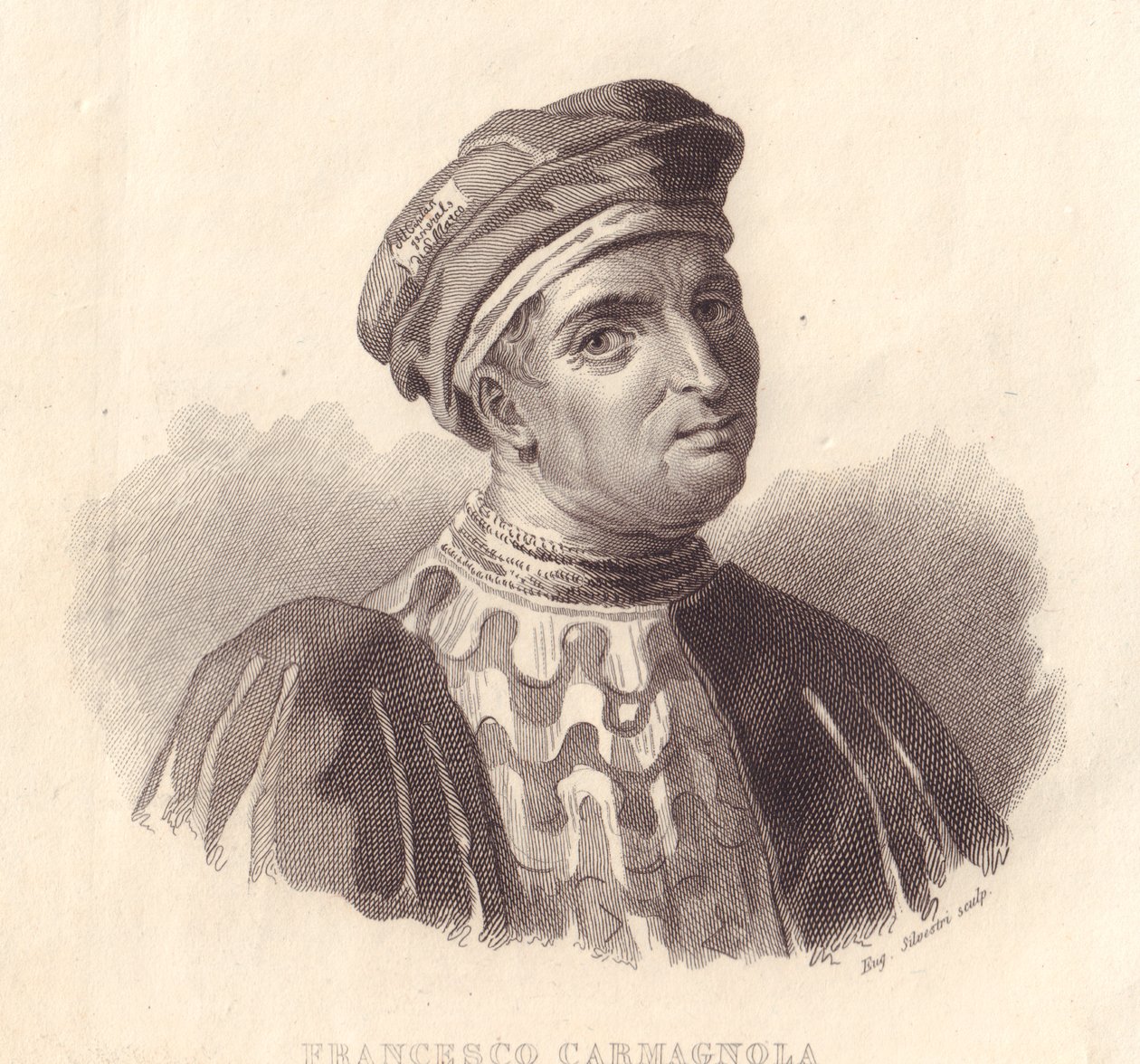 Portret włoskiego dowódcy wojskowego Francesco da Bussone znanego również jako Carmagnola (1380-1432), miedzioryt E Silvestri z malarstwa autorstwa William Walcutt