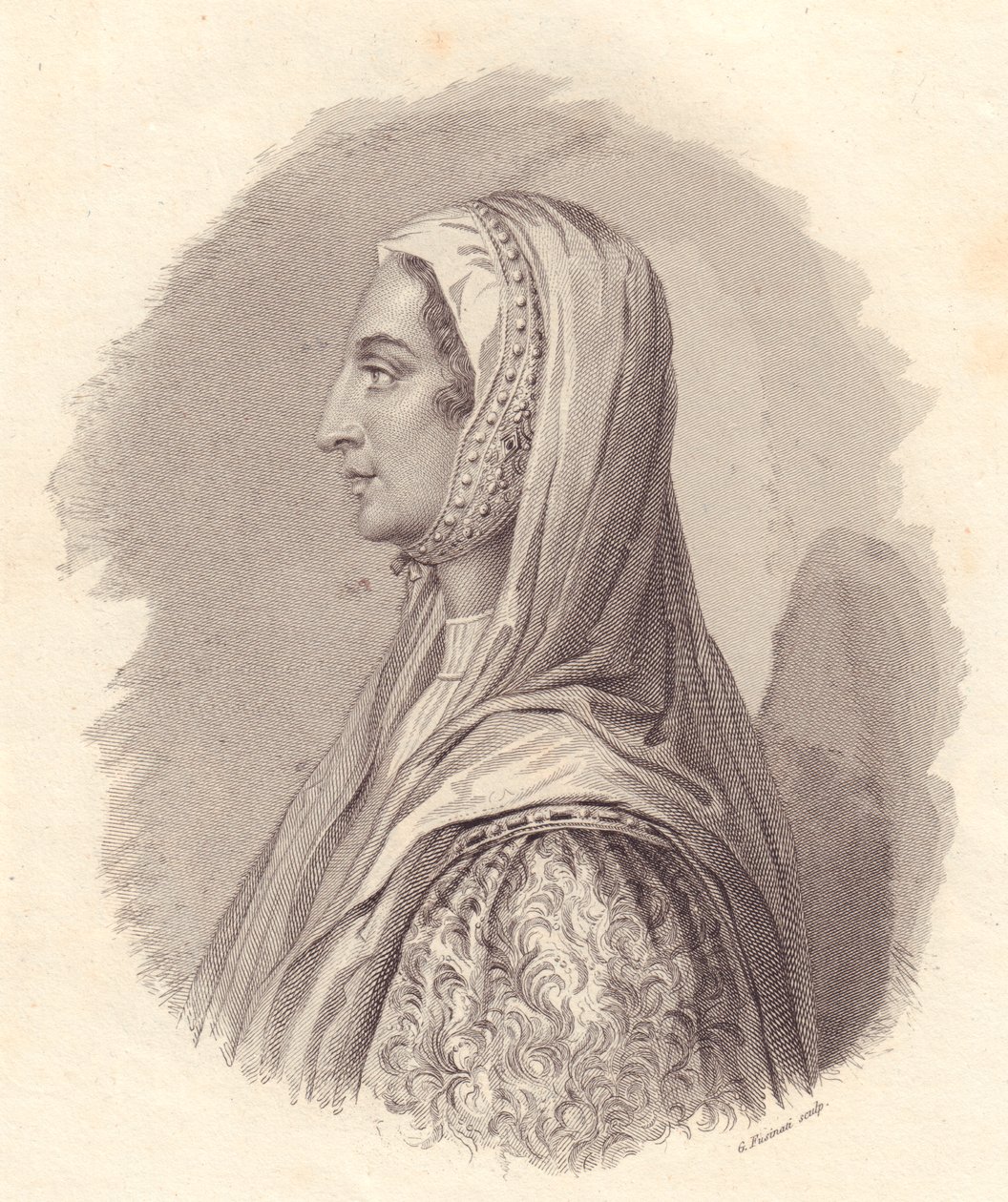 Portret włoskiej szlachcianki Beatrice Lascaris di Tenda (1372-1418), miedzioryt G Fusinati z portretu wydanego przez Antonio Campo autorstwa William Walcutt