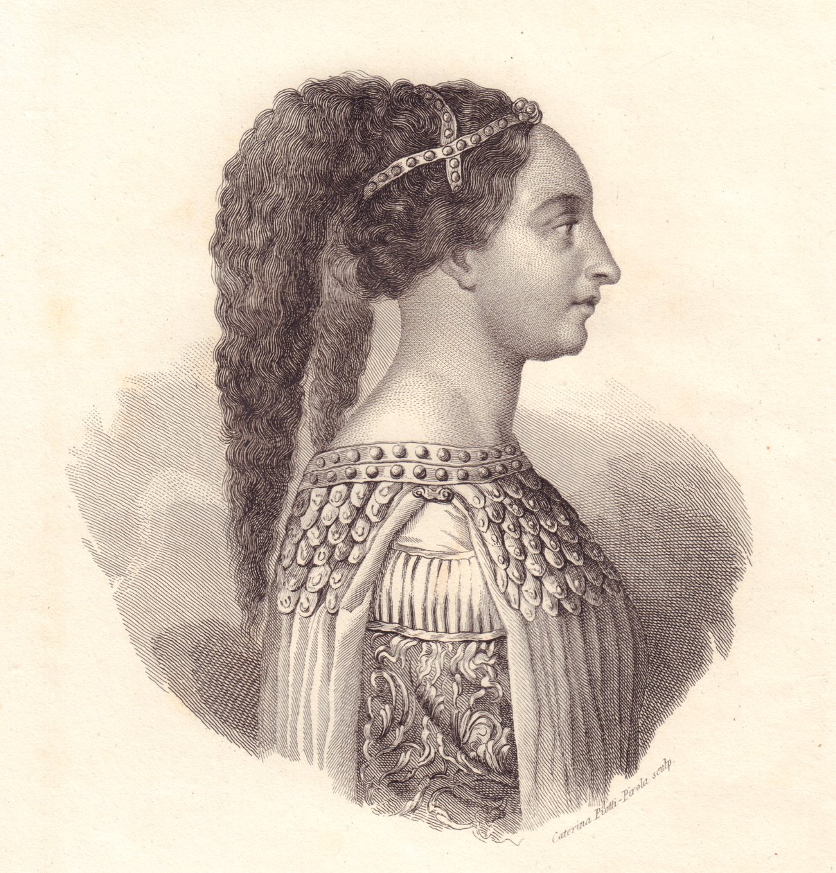 Portret włoskiej szlachcianki Isotta degli Atti (ok. 1432-1474), miedzioryt autorstwa Cateriny Piotti-Pirola autorstwa William Walcutt