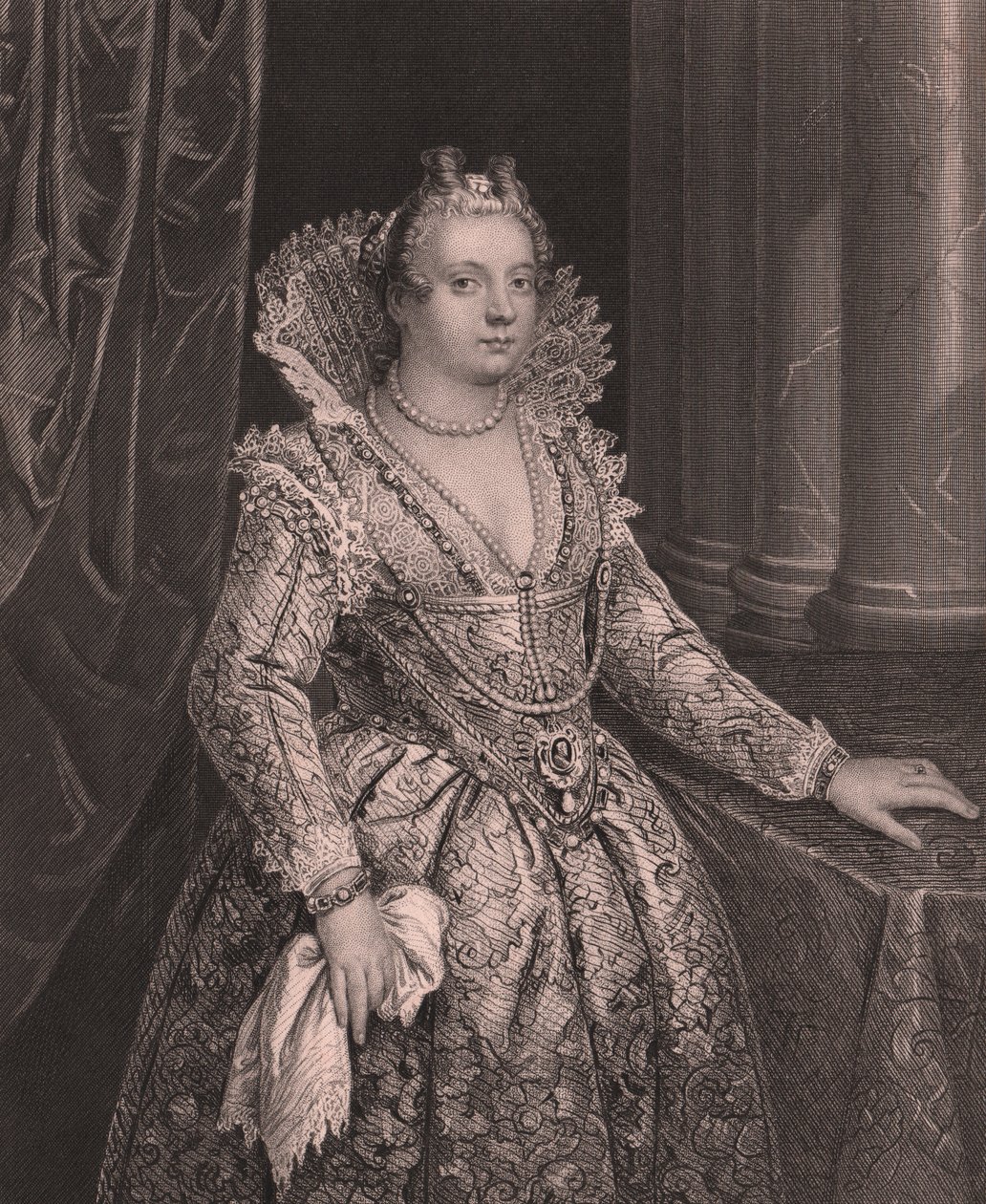 Portret Marii Medycejskiej (1575-1642), królowej Francji, rycina W French z obrazu Giovanniego Fasolo, z Królewskiej Galerii Drezdeńskiej Payne, autorstwa Alberta Henry