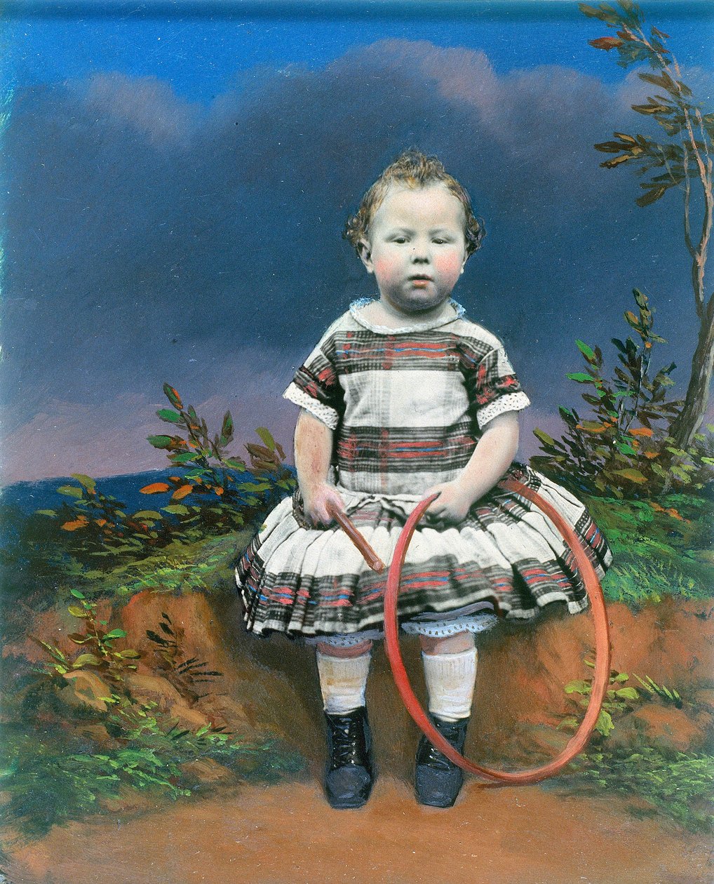 Portret dziecka z obręczą, ambrotypia ręcznie kolorowana, ok. 1860 autorstwa Ferdinand Georg Waldmuller