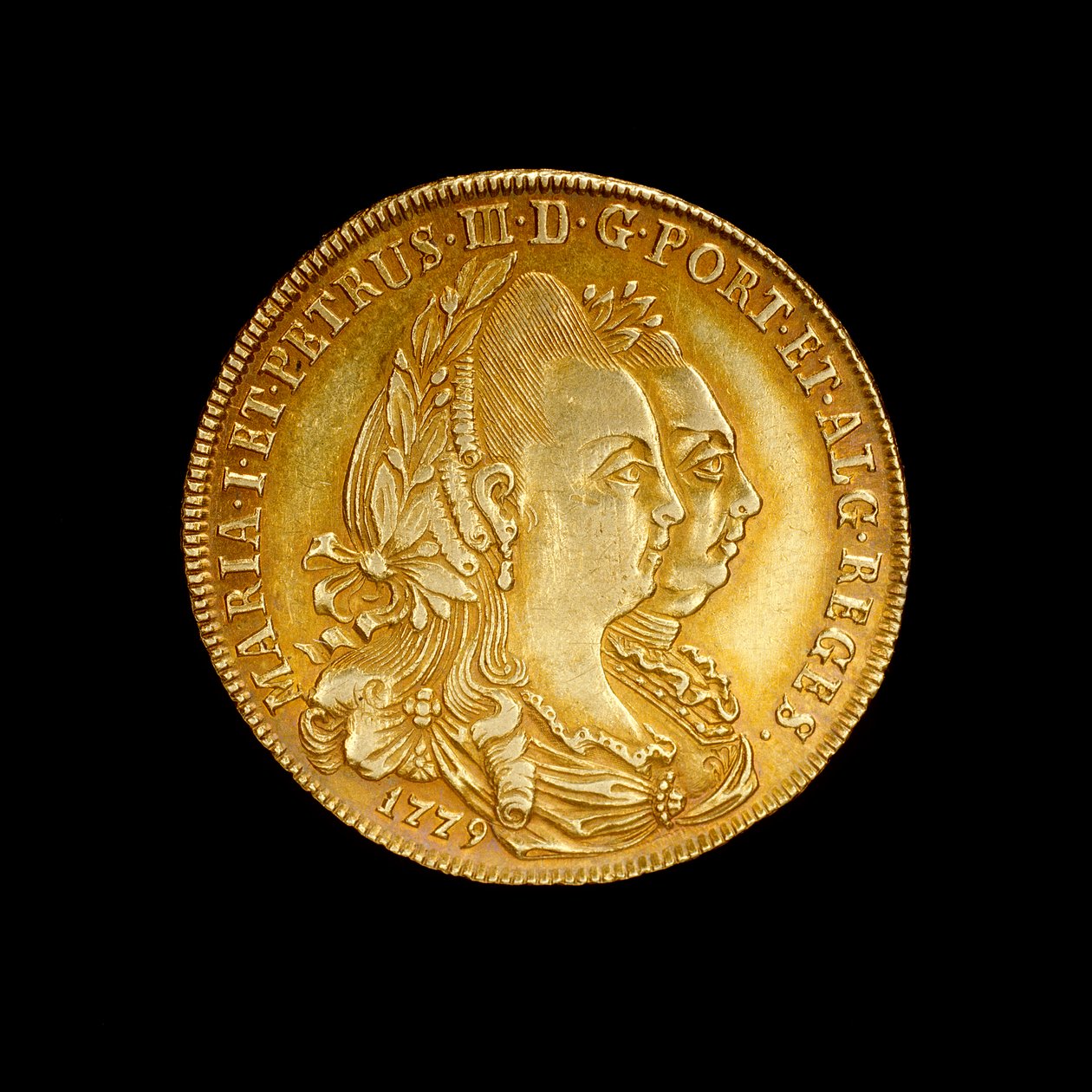 Moneta portugalska przedstawiająca królową Marię I i jej króla małżonka Pedro III autorstwa Hippolyte Lalaise Devéria