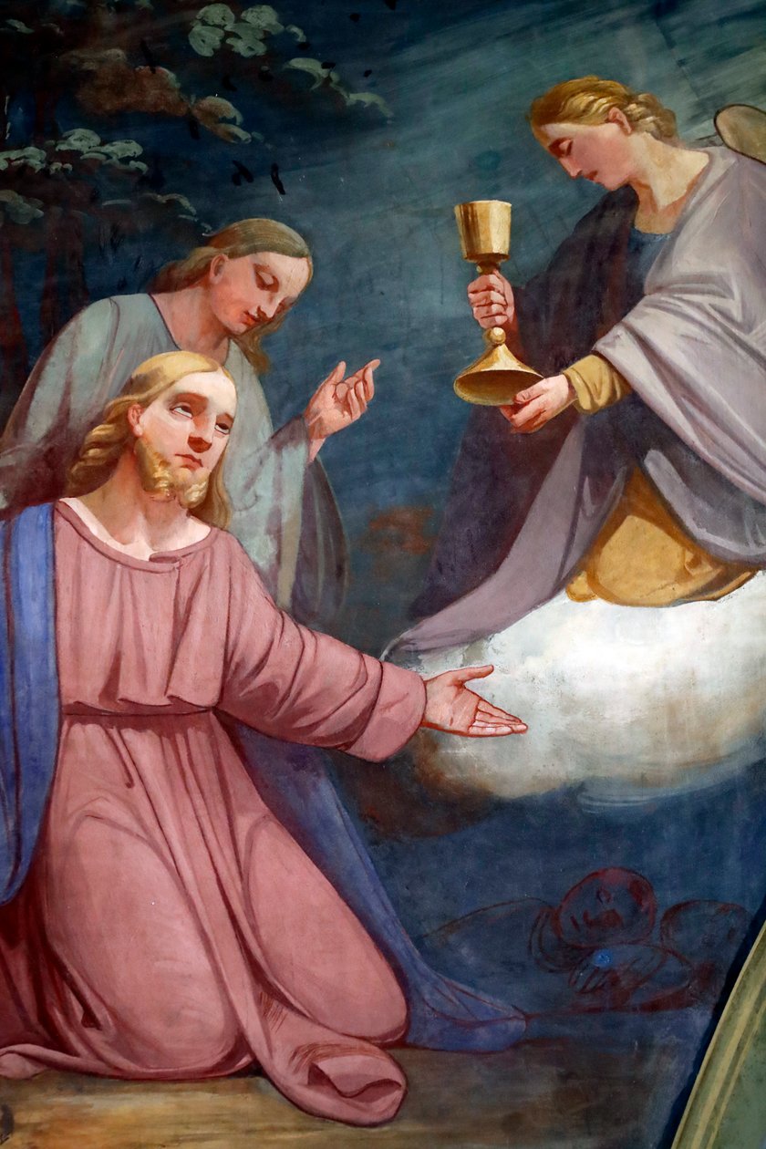Kościół w Rumily. Malowanie ścian. Jezus modlący się w ogrodzie Getsemane po Ostatniej Wieczerzy. Francja. autorstwa . .