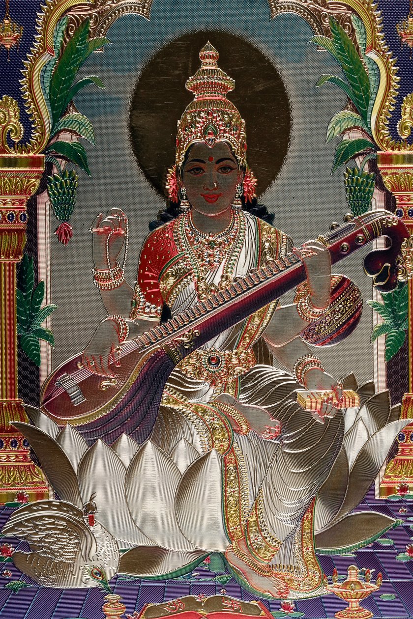 Saraswati: hinduska bogini wiedzy, muzyki, sztuki, mowy, mądrości i nauki. autorstwa . .
