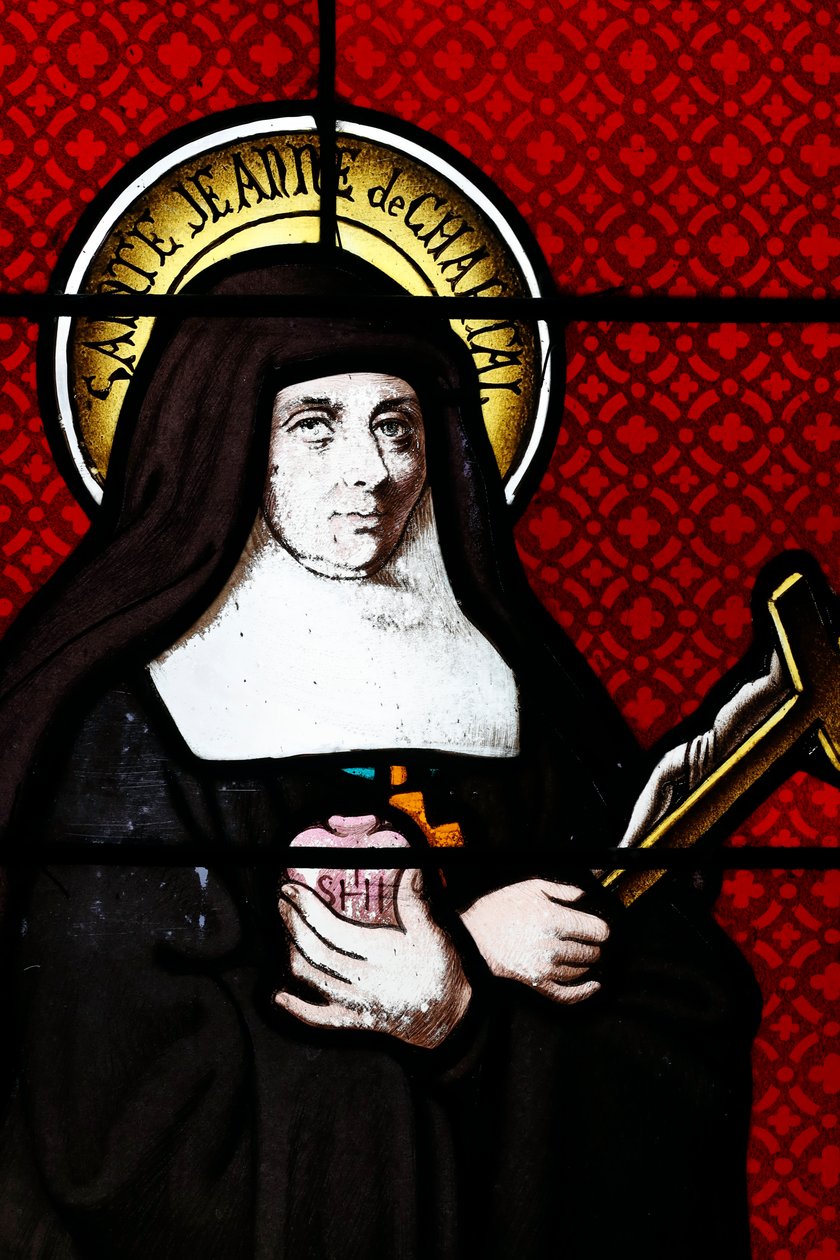 Witraż. Św. Jane Frances de Chantal jest świętą rzymskokatolicką, beatyfikowaną w 1751 r. Założyła Zakon Nawiedzenia Najświętszej Maryi Panny. Thorens. Francja. autorstwa . .