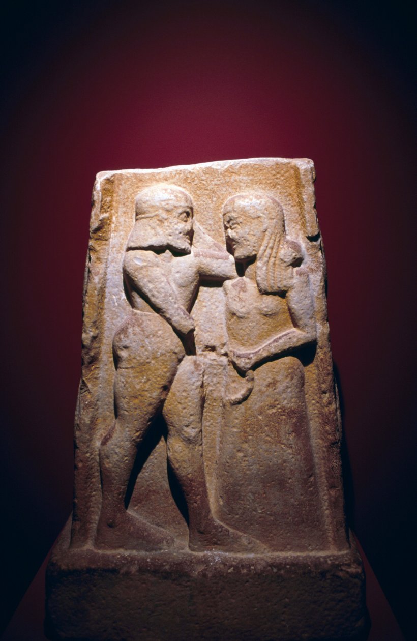Stela przedstawiająca Menelaosa i Helenę, znaleziona w Sparcie, Grecja, cywilizacja grecka, koniec VII wieku pne autorstwa Georg Carl Heinrich Dollmann