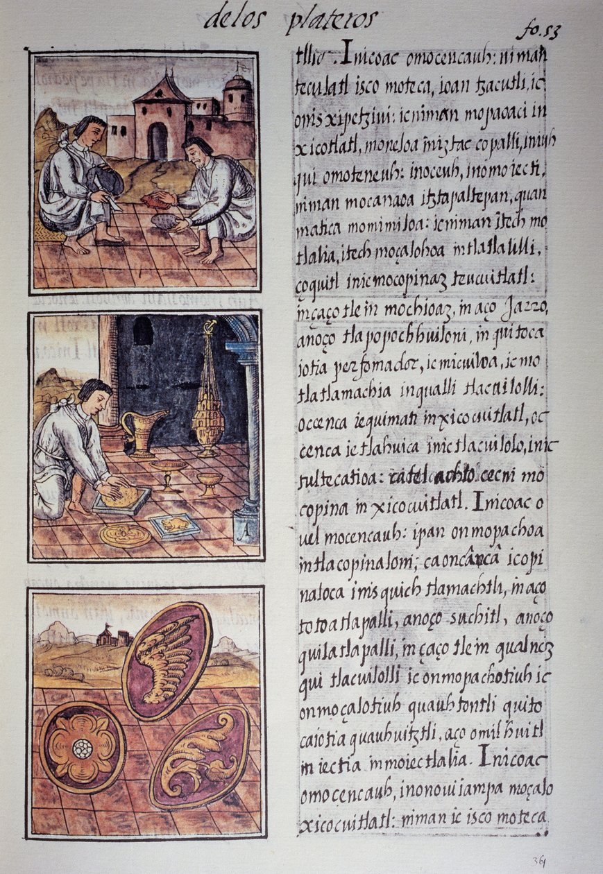 Produkcja zastawy stołowej i tarcz, strona z Kodeksu florenckiego, wersja dwujęzyczna w języku hiszpańskim i nahuatl, Historia ogólna rzeczy Nowej Hiszpanii, autorstwa hiszpańskiego misjonarza Fray Bernardino de Sahagun. Cywilizacja Azteków autorstwa Georg Carl Heinrich Dollmann