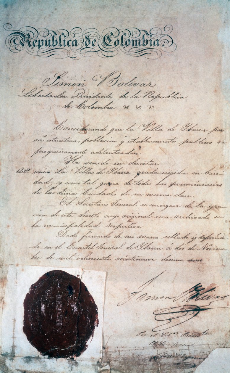 Akt, na mocy którego Simon Bolivar ogłosił miasto San Miguel de Ibarra, stolicą okolicznej prowincji, wówczas częścią Wielkiej Kolumbii (dziś Ekwador), 2 listopada autorstwa Georg Carl Heinrich Dollmann