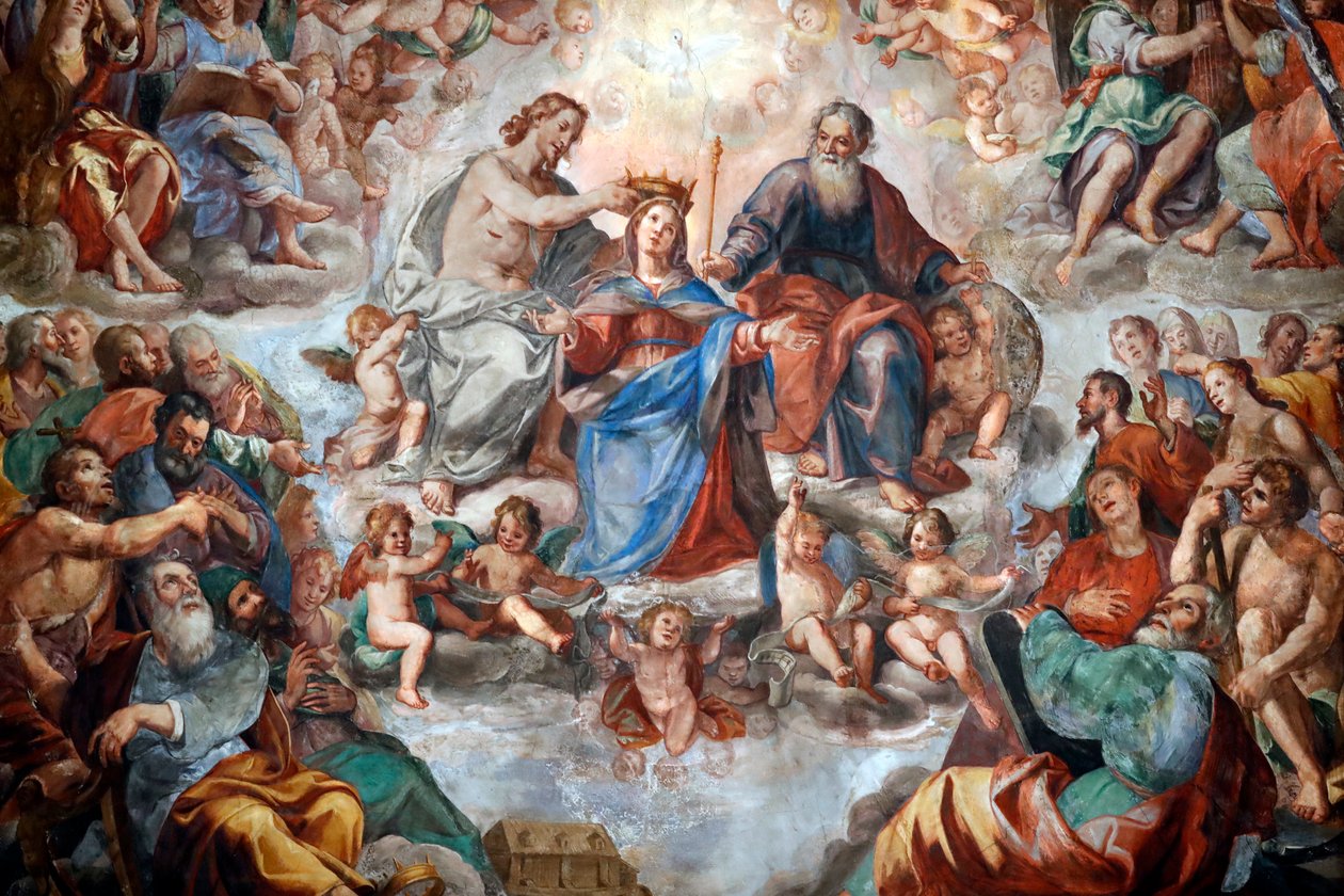 Koronacja Matki Boskiej. Fresk. Kościół San Donato. Genua. Włochy. autorstwa . .