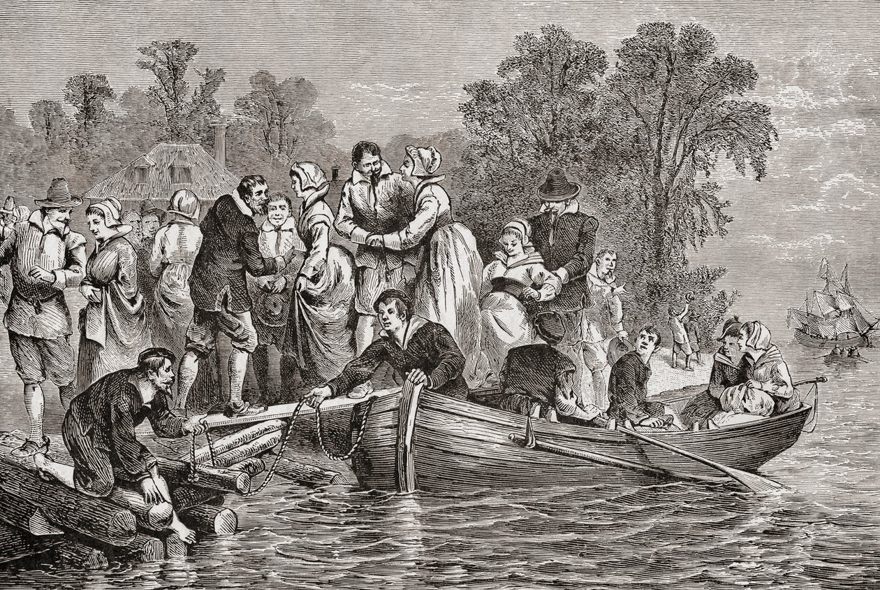 Tytoniowe żony lub tytoniowe panny młode przybywają do Jamestown w stanie Wirginia, USA autorstwa . .