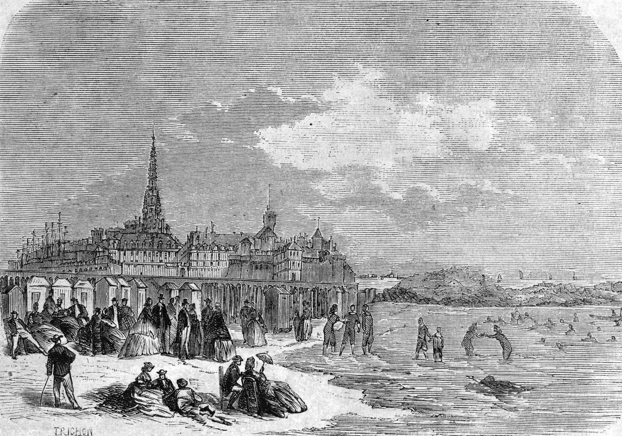 Widok kąpiących się na plaży Saint Malo autorstwa . .