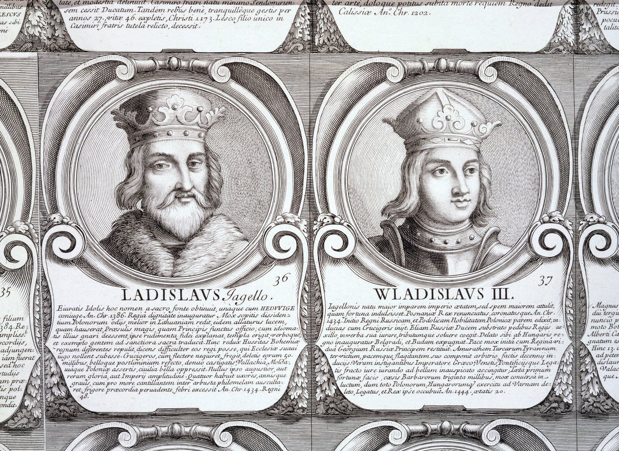 Władysława II Jagiełły i Władysława III Warneńczyka, no. 36 i 37 z "Series Chronologica Ducum et Regum Polonorum" (rycina) autorstwa . .