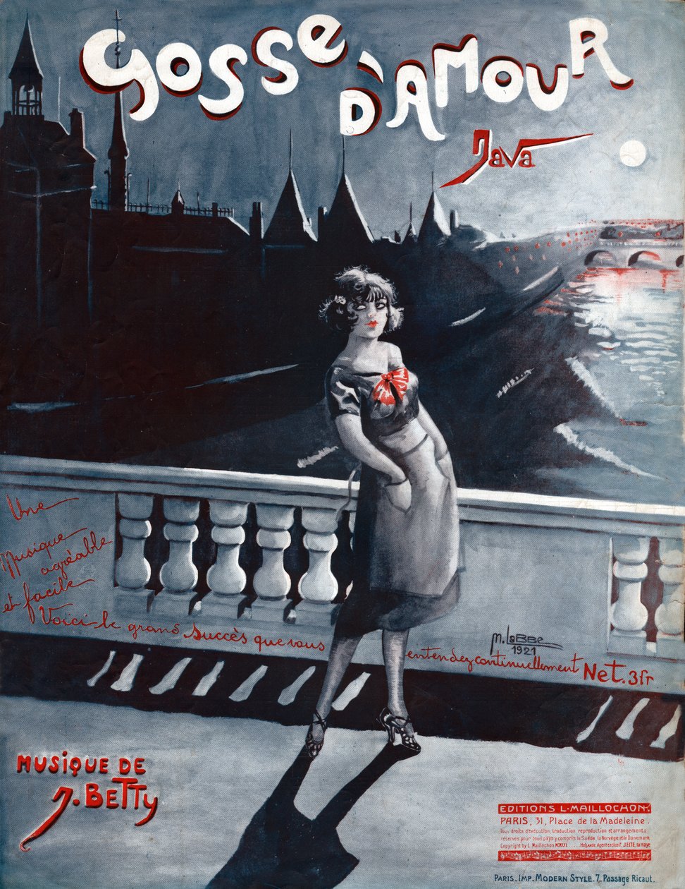 Kobieta na Pont au Change w Paryżu, za nią Sekwana i Conciergerie. 1921 (ilustracja) autorstwa . .