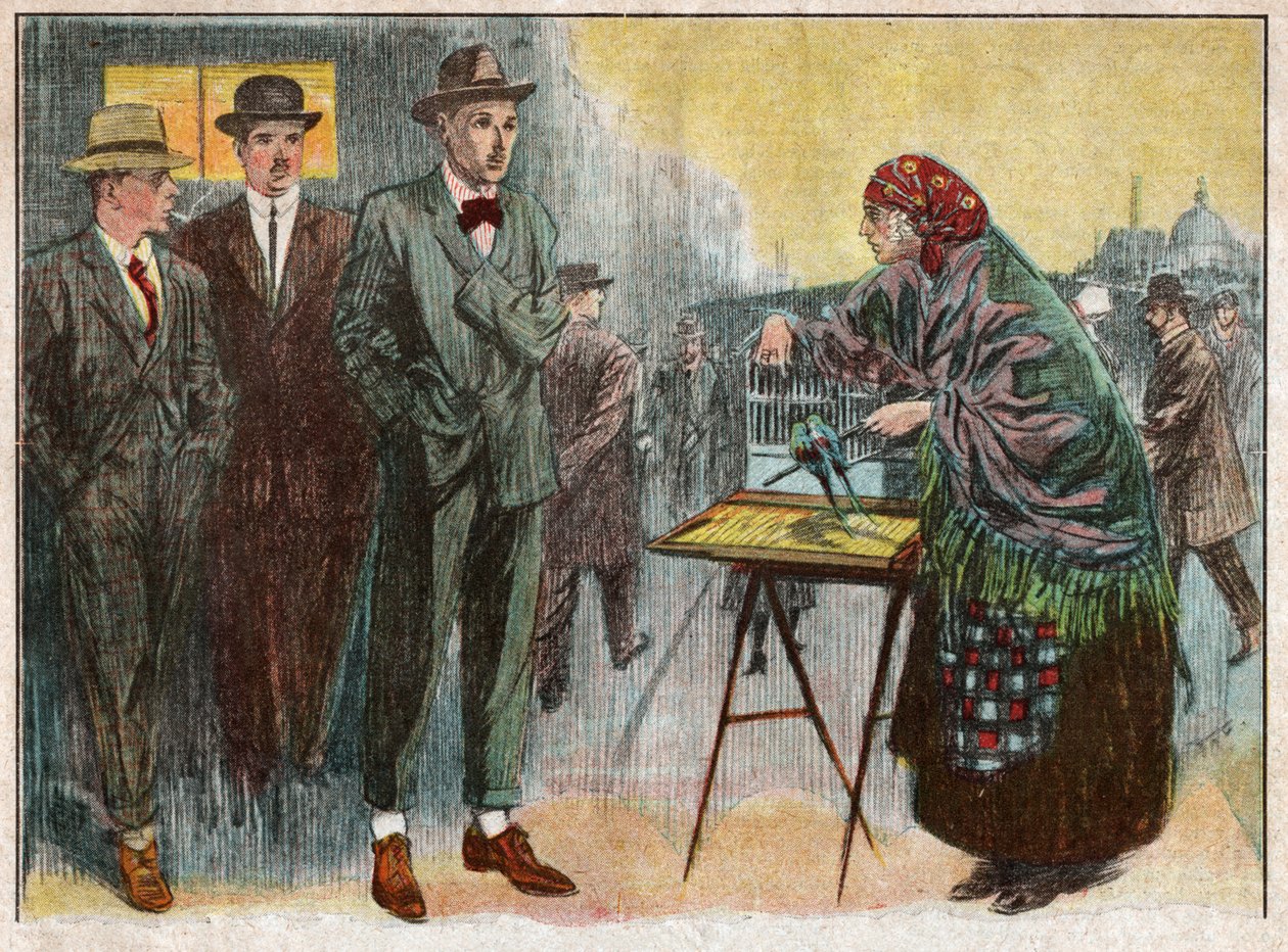 Kobieta ćwicząca wróżenie za pomocą ptaków. 1926 (ilustracja) autorstwa . .