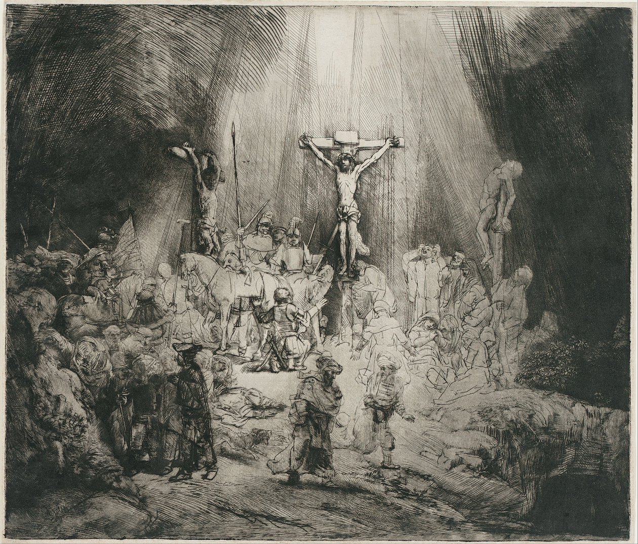 Chrystus ukrzyżowany między dwoma złodziejami (Trzy krzyże) autorstwa Rembrandt van Rijn