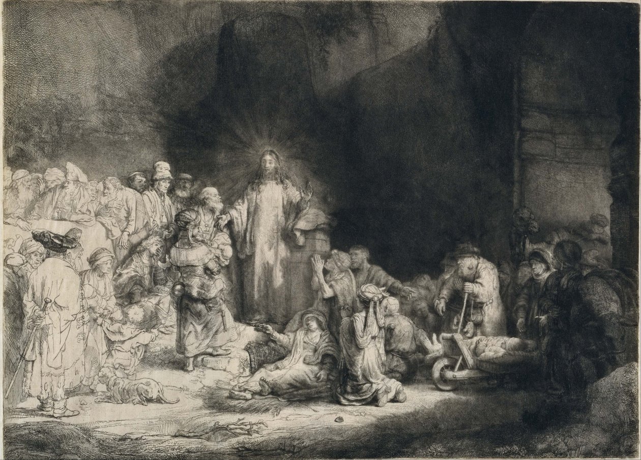 Chrystus z chorymi wokół siebie, przyjmujący małe dzieci („Odbitka stu guldenów”) autorstwa Rembrandt van Rijn