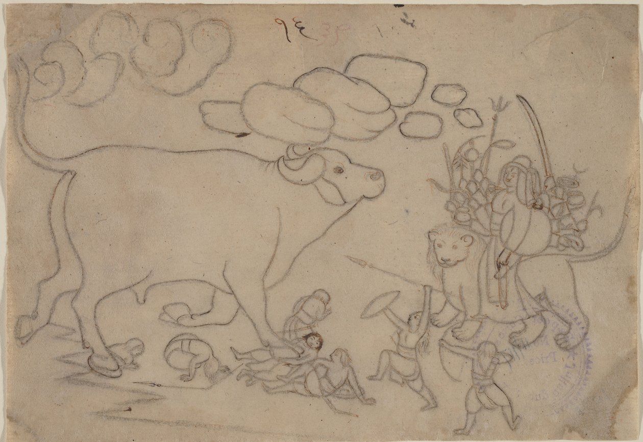 Durga konfrontuje się z Buffalo Demon Mahishą: Scena z Devi Mahatmya, Ka. 1780. autorstwa a first generation master after Nainsukh