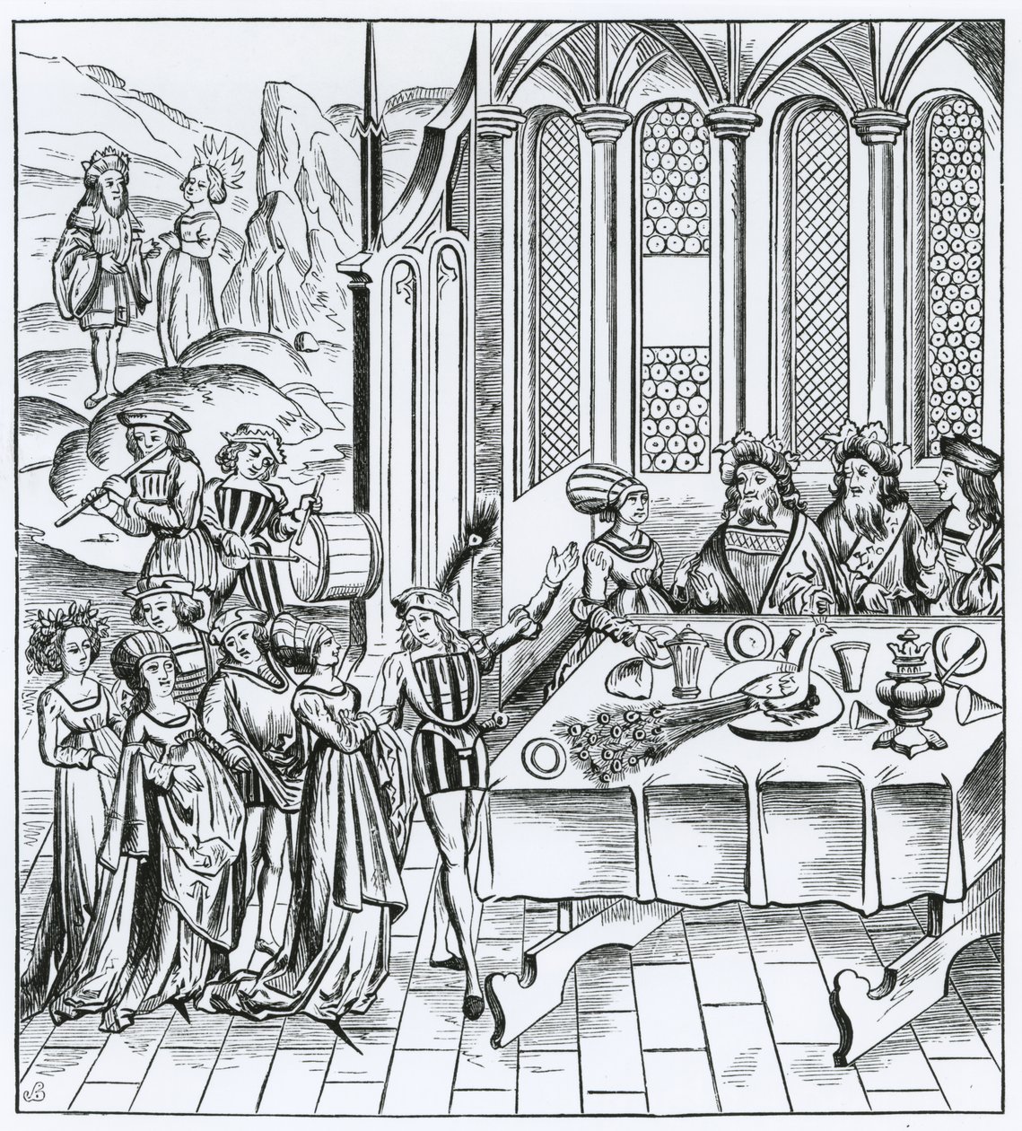 Bankiet państwowy - obsługa pawia, wg drzeworytu w wydaniu Wergiliusza, wyd. Lyons, 1517 autorstwa French School