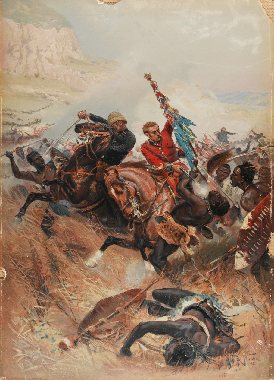 Porucznicy Melville i Coghill Saving the Colours, Zulu War of 1879, 1881 (chromolitho) autorstwa after Alphonse Marie de Neuville