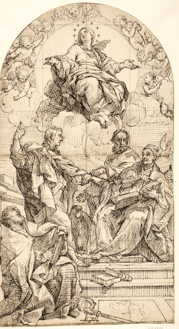 Niepokalane Poczęcie ze św. Janem Ewangelistą, Grzegorzem Wielkim, Janem Chryzostomem i Augustynem autorstwa after Carlo Maratti